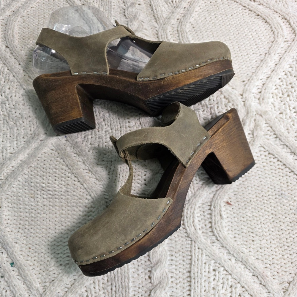 Lotta From Stockholm High Wood T-Bar Clog Sandals Taupe Leather Women 40 9-9.5